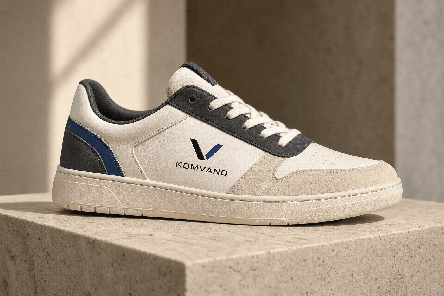 KOMVANO-branded classic concept sneaker in warm white leather with navy details.